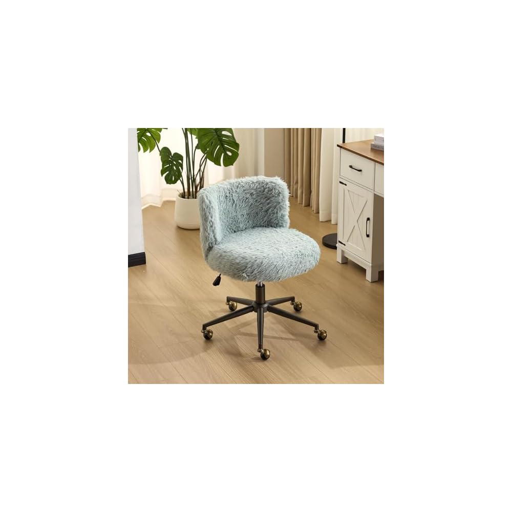 VINGLI Plush Upholstery Vanity Desk Chair with Curved Back & 90-102° Tilt & Adjustable Height, Cute Rolling Chair with Bronze Base & Golden-Bronze 360° Swivel Wheels for Makeup & Home Office, Fog Gray