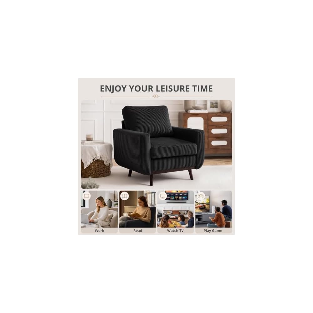 Accent Chair for Bedroom,Reading Chair with Deep Seat,Corduroy Armchair with Wood Legs, Comfy Living Room Chairs Single Sofa for Indoor Bedroom Apartment(Black)