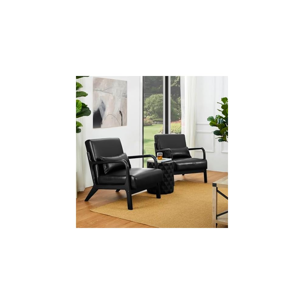 Glitzhome Accent Armchair with Walnut Ruberwood Frame, Black PU Leather Lounge Chair for Living Room