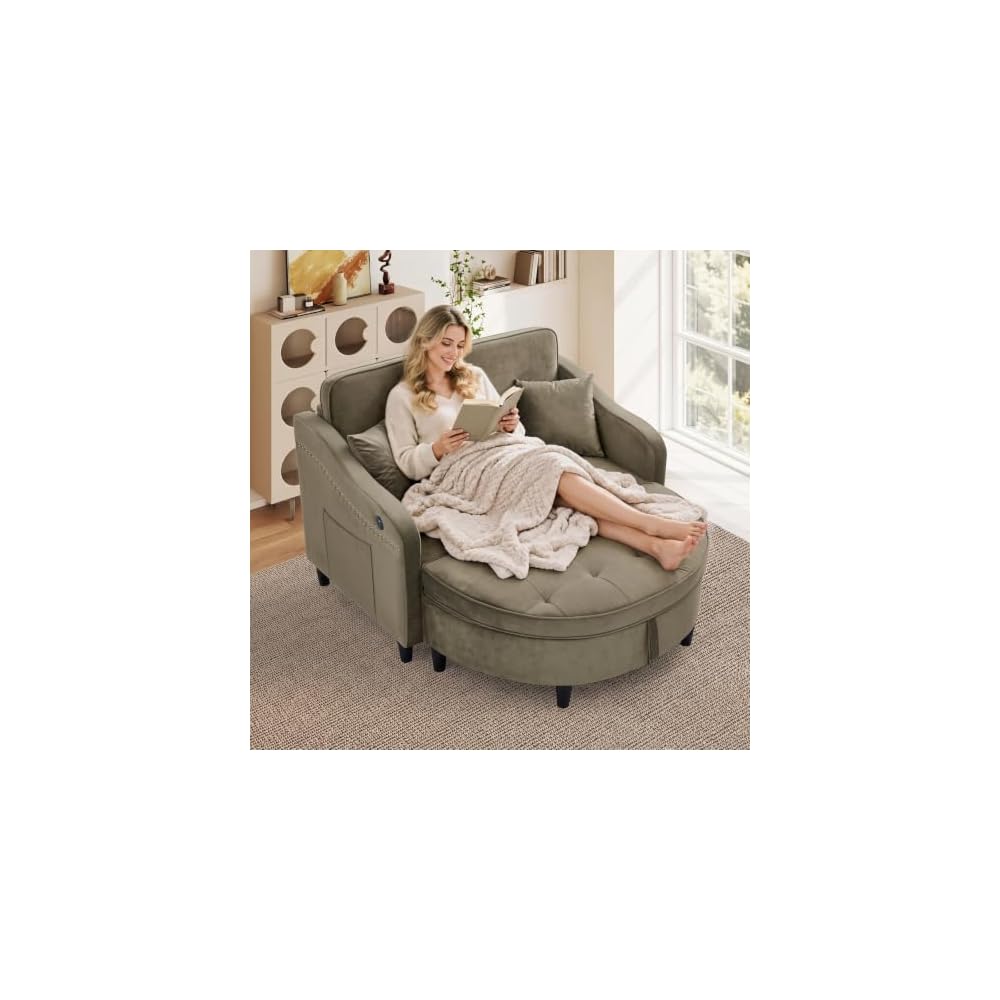 Oversized Chair and A Half, Chenille Tufting Accent Cozy Reading Sofa Chair with Storage Ottoman, Upholstered Loveseat Chaise Lounge Sofa with Adjustable Back for Living Room, Office, Sunroom, Blue