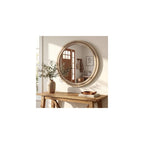 Solid Wood 30 Inch Round Beaded Vanity Wall Mirror, Natural Wood