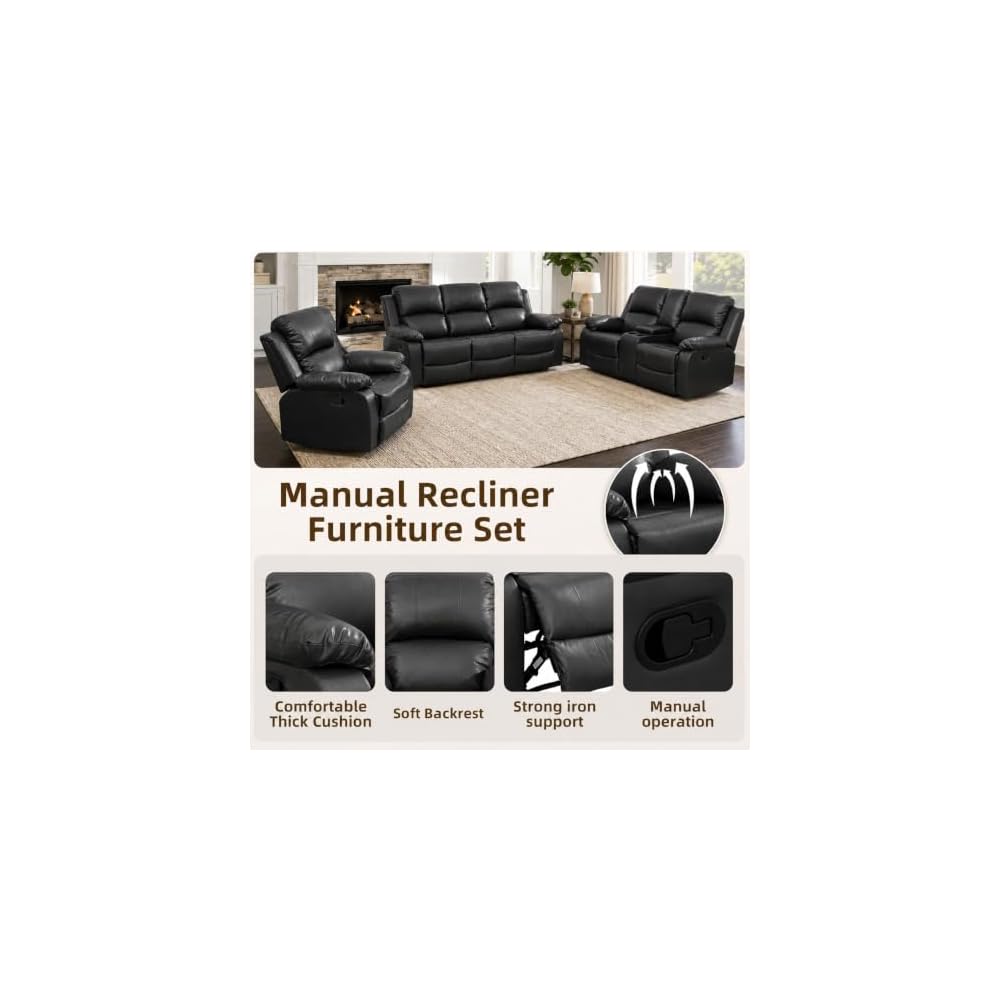 Manual Reclining Couch Sofa Set with Drop-Down Table, 3 Pieces Leather Recliner Couch Sets, Living Room Furniture Sets, Recliner Sofa with Storage Console/Cup Holder for Home/Apartment(Black)