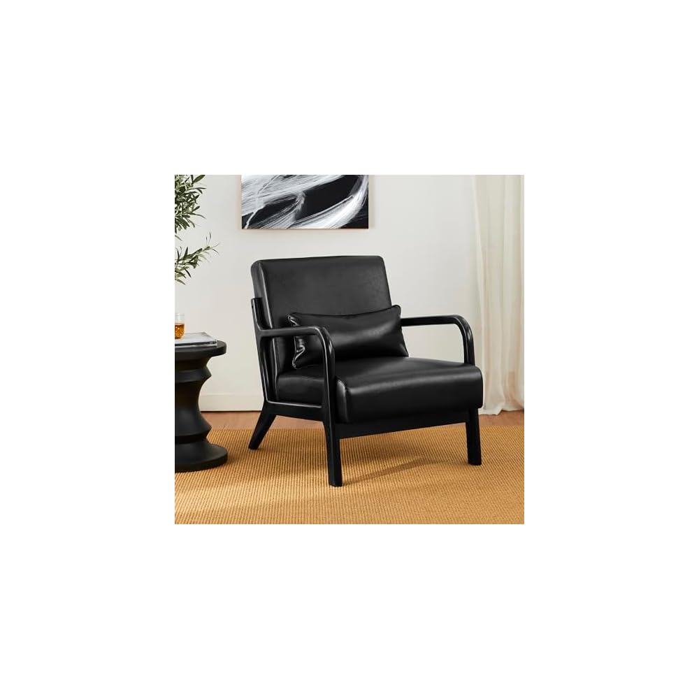 Glitzhome Accent Armchair with Walnut Ruberwood Frame, Black PU Leather Lounge Chair for Living Room