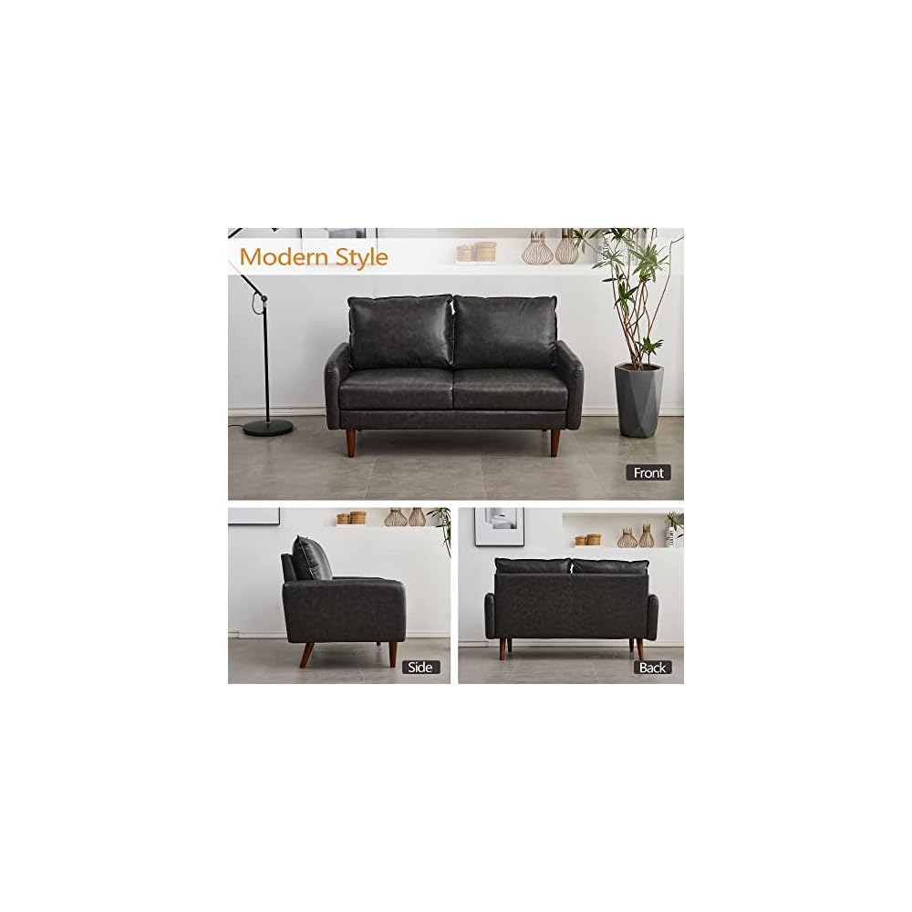 INSTORY Leather Loveseat Modern Sofa Comfy Couch with Wooden Legs for Living Room,Office - Dark Grey