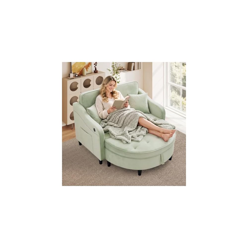 Oversized Chair and A Half, Chenille Tufting Accent Cozy Reading Sofa Chair with Storage Ottoman, Upholstered Loveseat Chaise Lounge Sofa with Adjustable Back for Living Room, Office, Sunroom, Blue