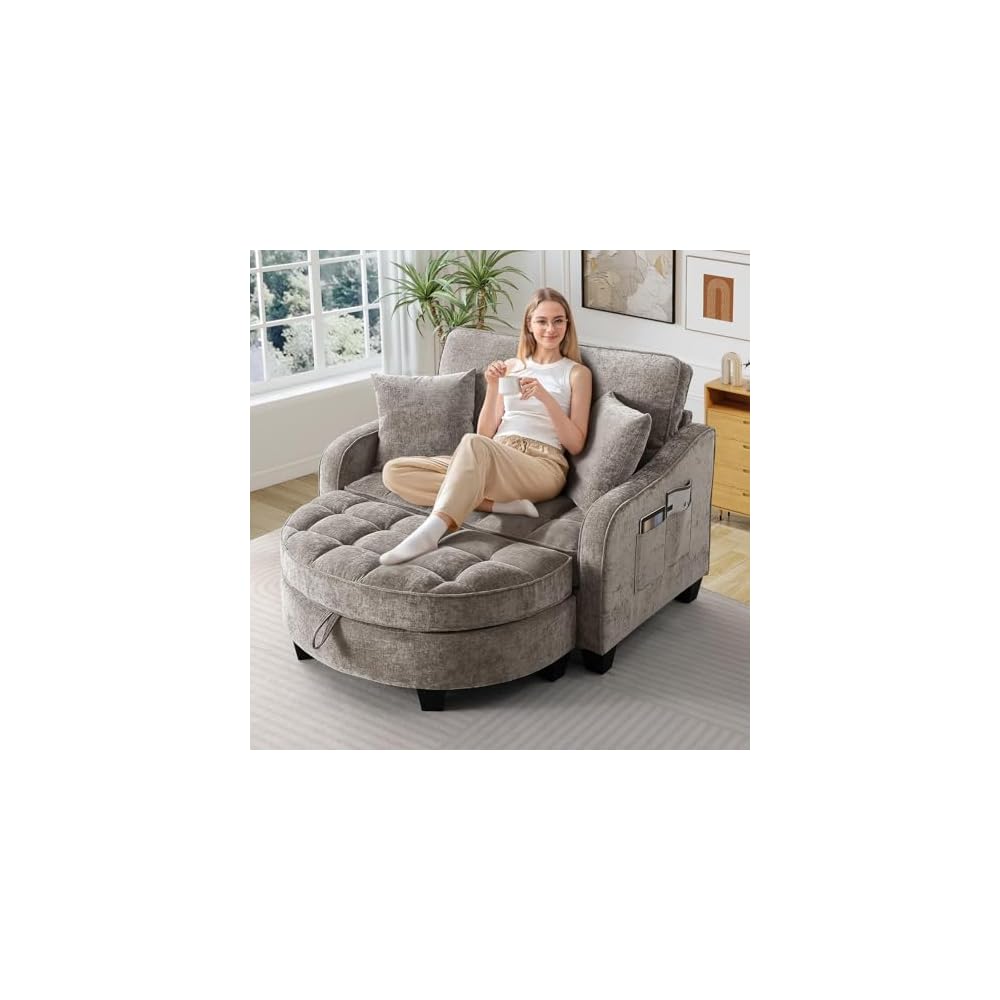 Oversized Chair and A Half, Chenille Tufting Accent Cozy Reading Sofa Chair with Storage Ottoman, Upholstered Loveseat Chaise Lounge Sofa with Adjustable Back for Living Room, Office, Sunroom, Blue