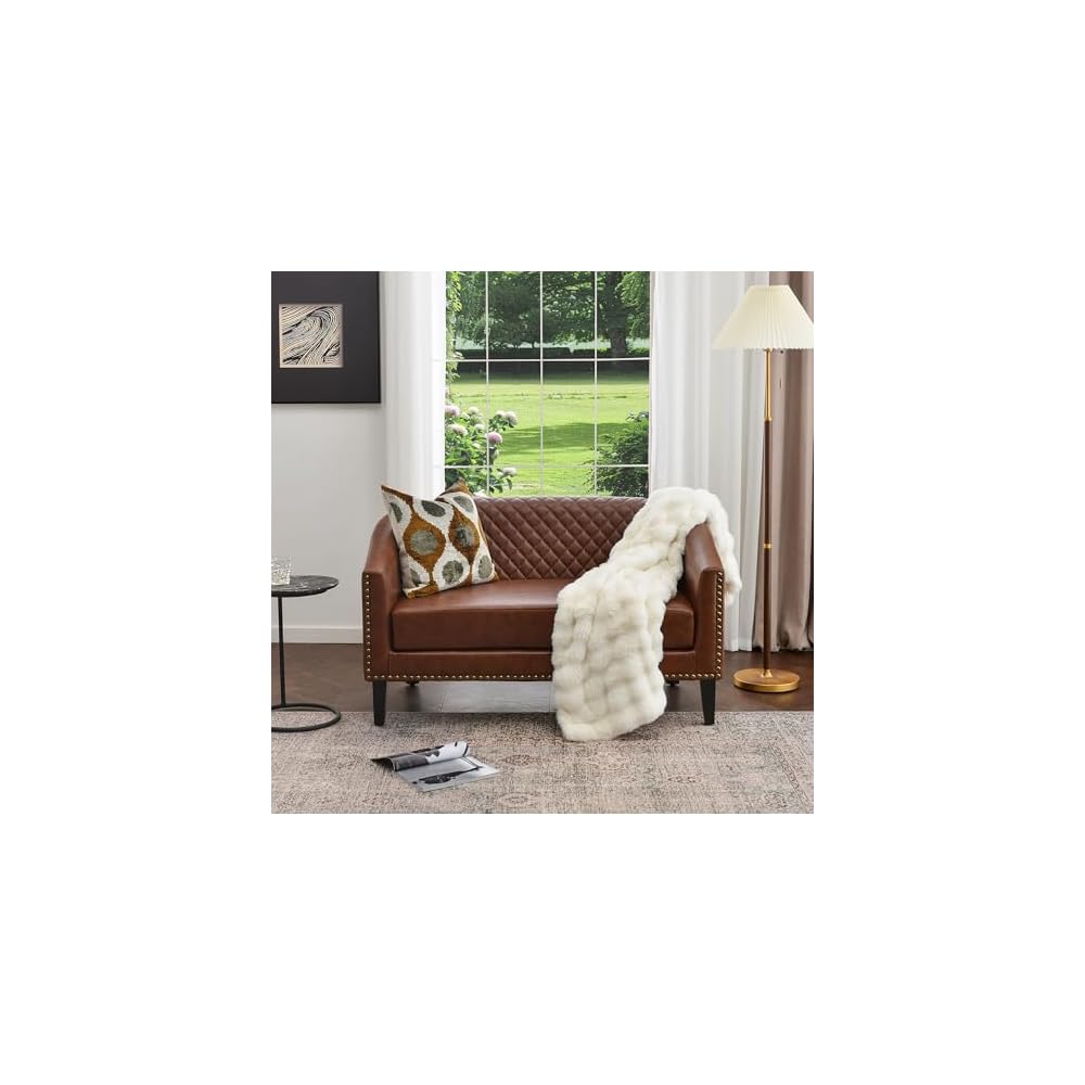 KINWELL 50" W Faux Leather Tufted Back Small Barrel Loveseat Settee, Brown
