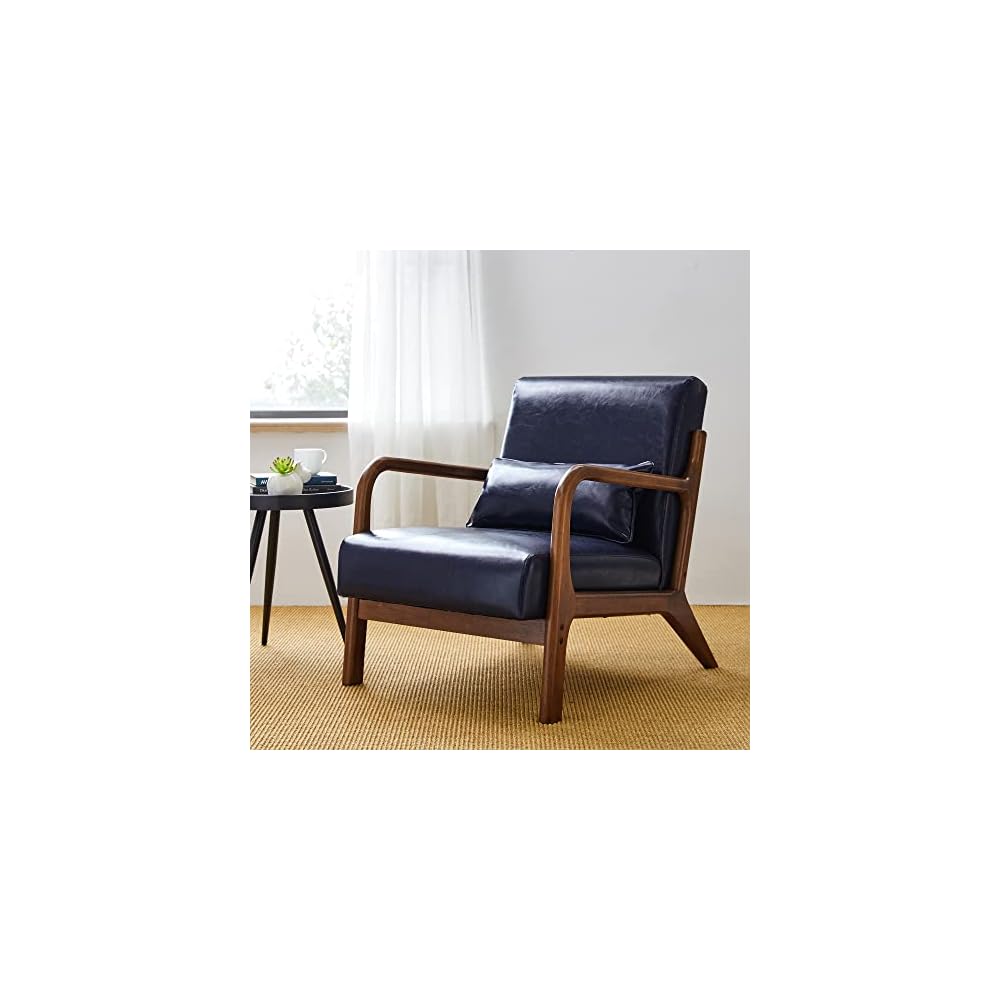 Glitzhome Accent Armchair with Walnut Ruberwood Frame, Black PU Leather Lounge Chair for Living Room
