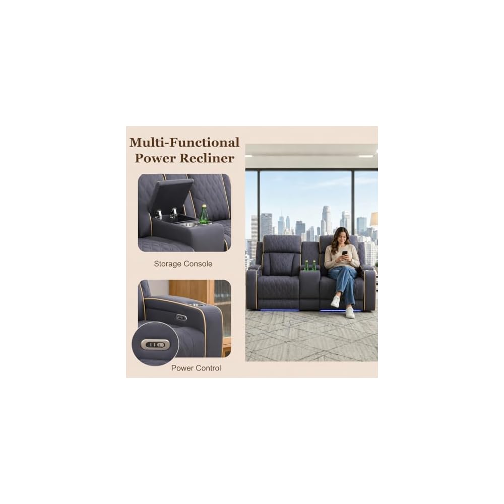 2 Pieces Power Recliner Sofa Set with LED, Leather Power Reclining Couch Sets includes 3 Seats Sofa and Loveseat with Cup Holders, USB Port, Living Room Furniture Sets for HomeTheater, Blue Gray