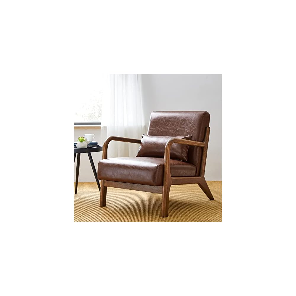 Glitzhome Accent Armchair with Walnut Ruberwood Frame, Black PU Leather Lounge Chair for Living Room