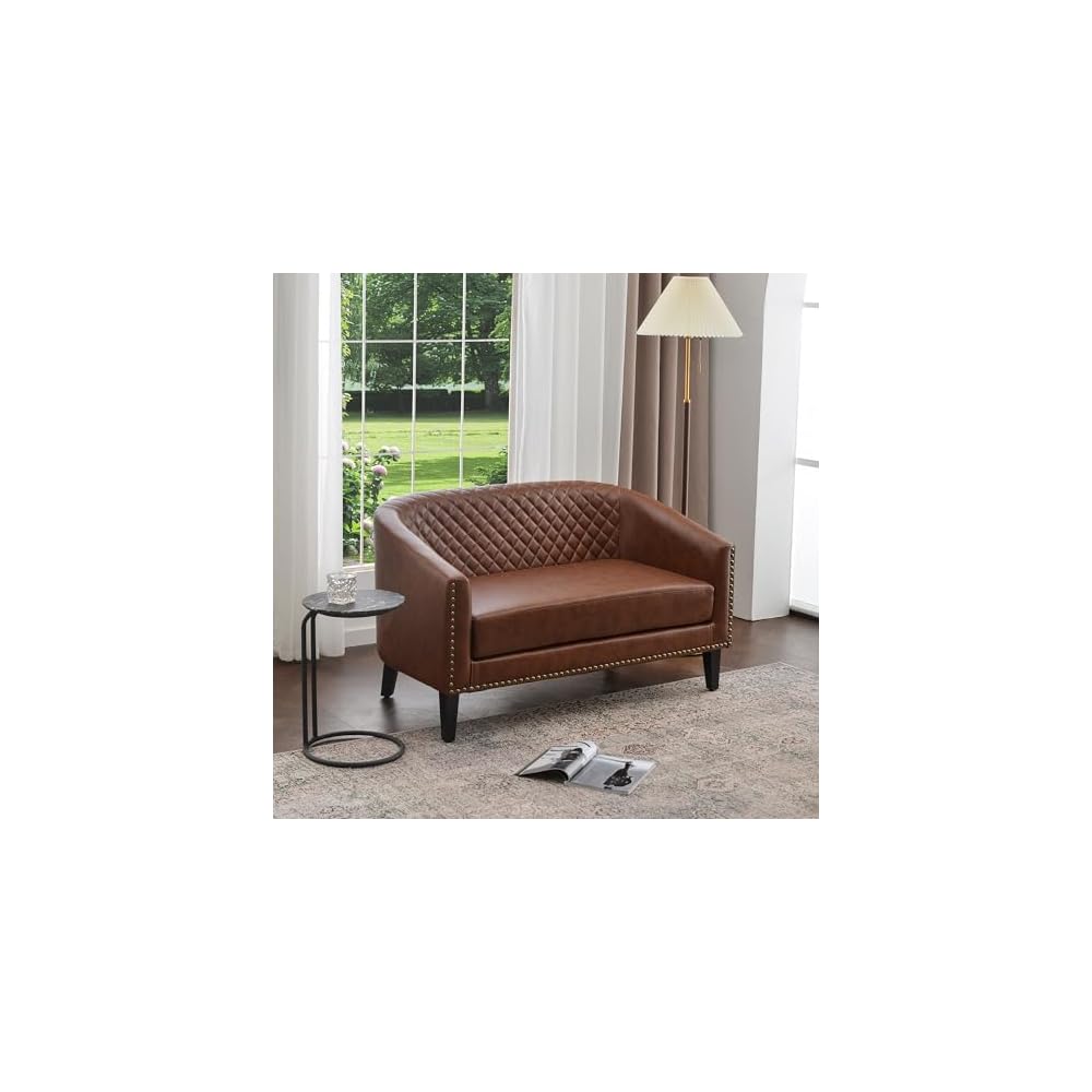 KINWELL 50" W Faux Leather Tufted Back Small Barrel Loveseat Settee, Brown