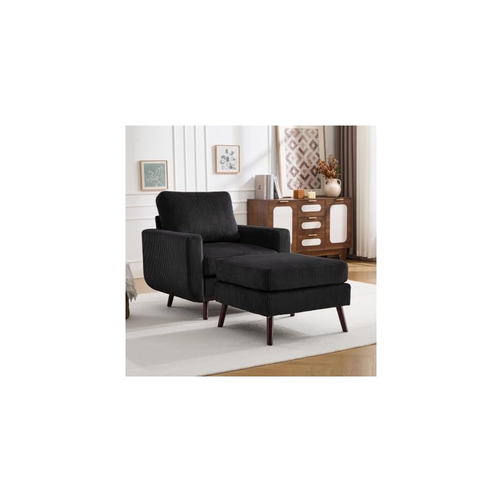 Accent Chair for Bedroom,Reading Chair with Deep Seat,Corduroy Armchair with Wood Legs, Comfy Living Room Chairs Single Sofa for Indoor Bedroom Apartment(Black)