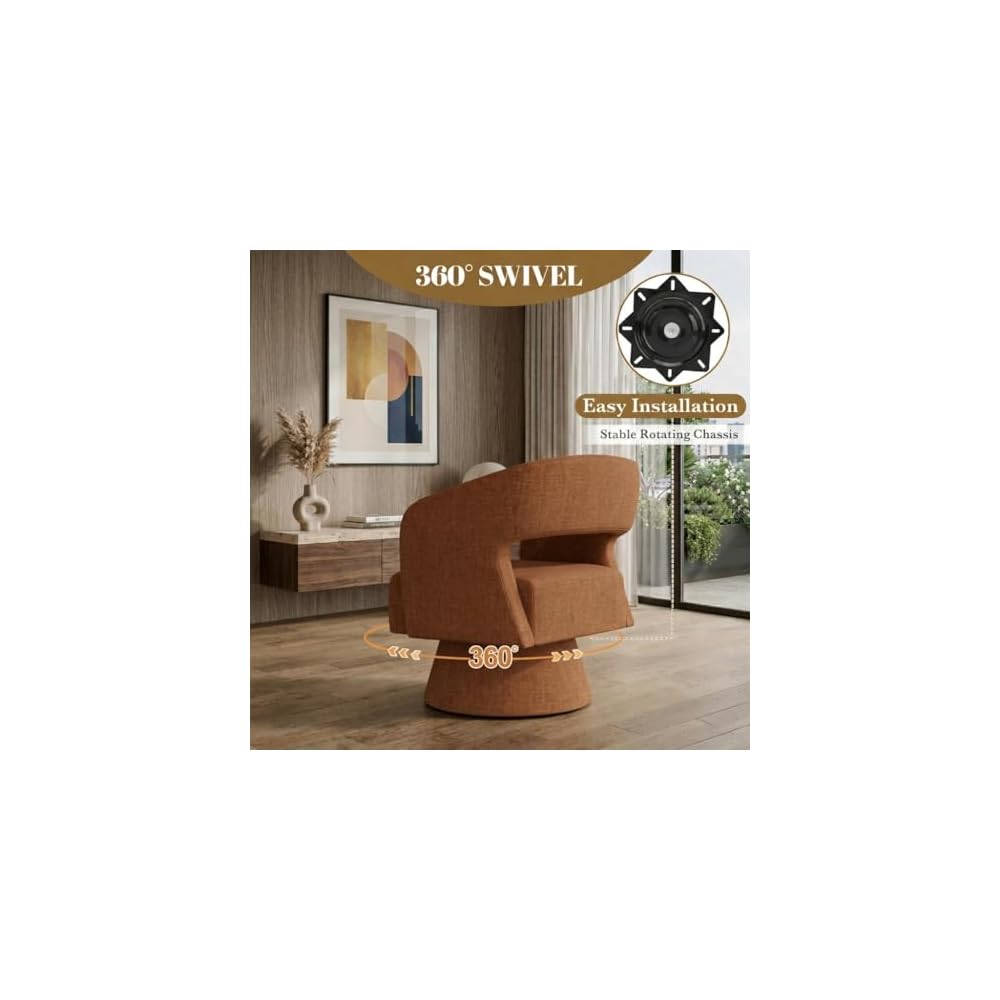 Chenille Barrel Accent Chair – Heavy Duty 360° Swivel, Oversized, Upholstered Round Design, Modern Stylish Furniture for Bedroom Living Room Lounge & Office (Brown, Set of 1)