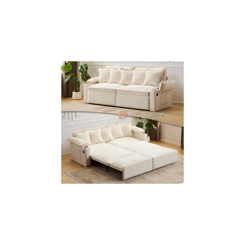 82.7’’ King Size Beige Pull Out Sofa Bed, 3 in 1 Convertible Sleeper Sofa Bed with Futon Sofa, Chenille Loveseat Couch Bed with USB and Storage Pockets for Living Room,Bedroom