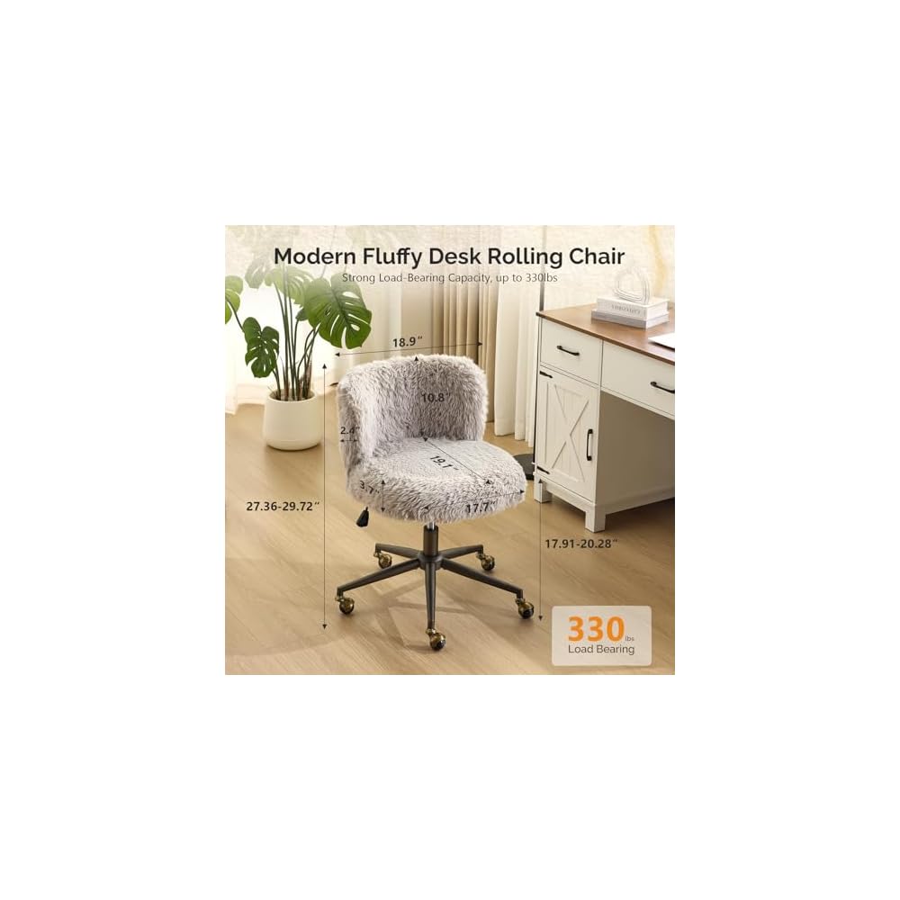 VINGLI Plush Upholstery Vanity Desk Chair with Curved Back & 90-102° Tilt & Adjustable Height, Cute Rolling Chair with Bronze Base & Golden-Bronze 360° Swivel Wheels for Makeup & Home Office, Fog Gray