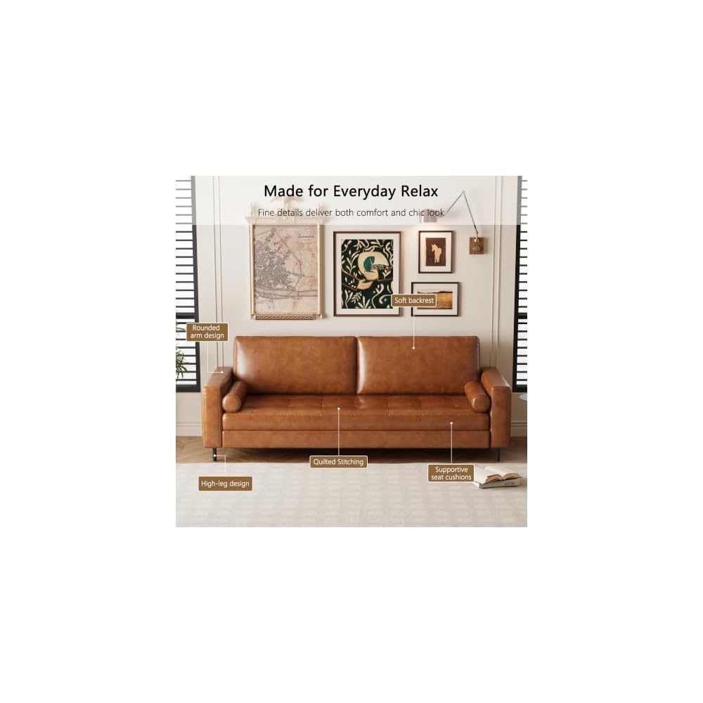 80.31-inch mid-Century Style Faux Leather Sofa for Everyday Living, Designed for Three People, with a Solid Wood Frame and Metal Legs, Suitable for Apartments and Living Rooms