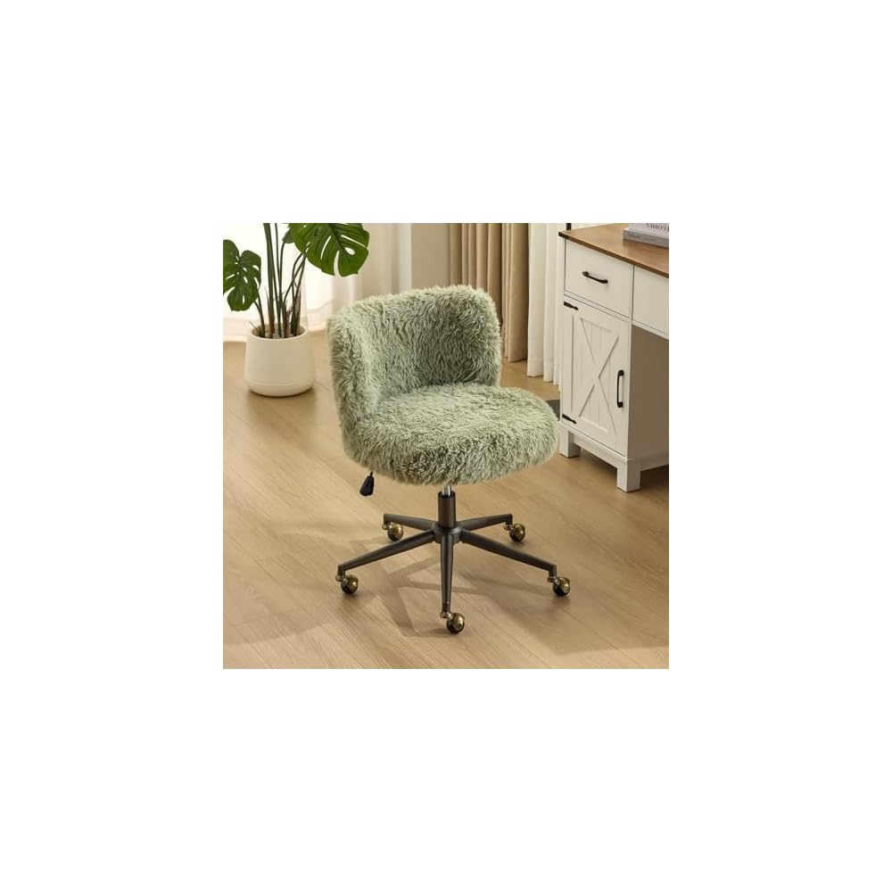 VINGLI Plush Upholstery Vanity Desk Chair with Curved Back & 90-102° Tilt & Adjustable Height, Cute Rolling Chair with Bronze Base & Golden-Bronze 360° Swivel Wheels for Makeup & Home Office, Fog Gray