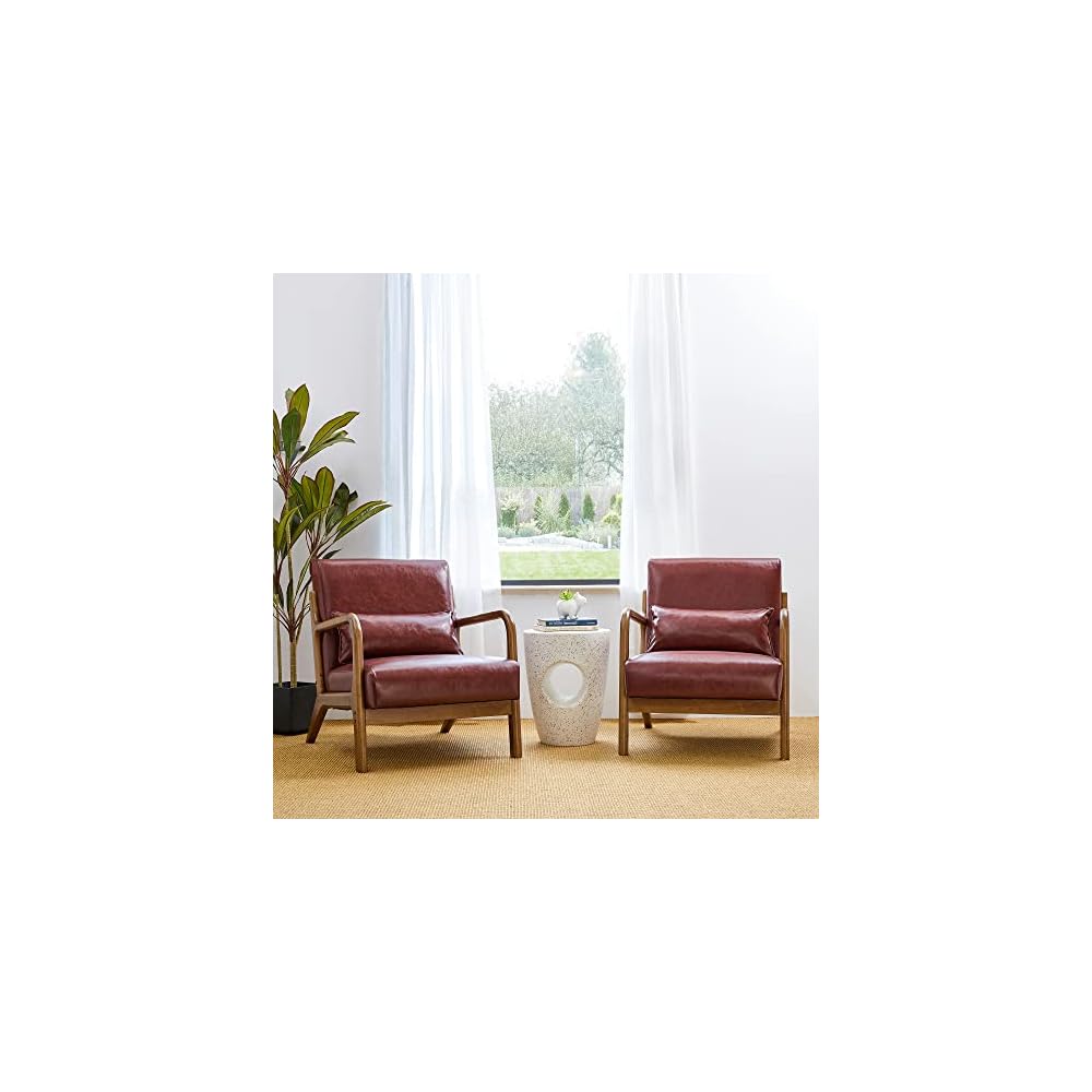 Glitzhome Accent Armchair with Walnut Ruberwood Frame, Black PU Leather Lounge Chair for Living Room