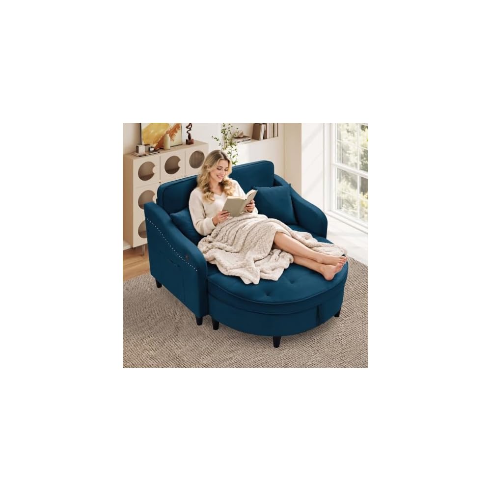 Oversized Chair and A Half, Chenille Tufting Accent Cozy Reading Sofa Chair with Storage Ottoman, Upholstered Loveseat Chaise Lounge Sofa with Adjustable Back for Living Room, Office, Sunroom, Blue