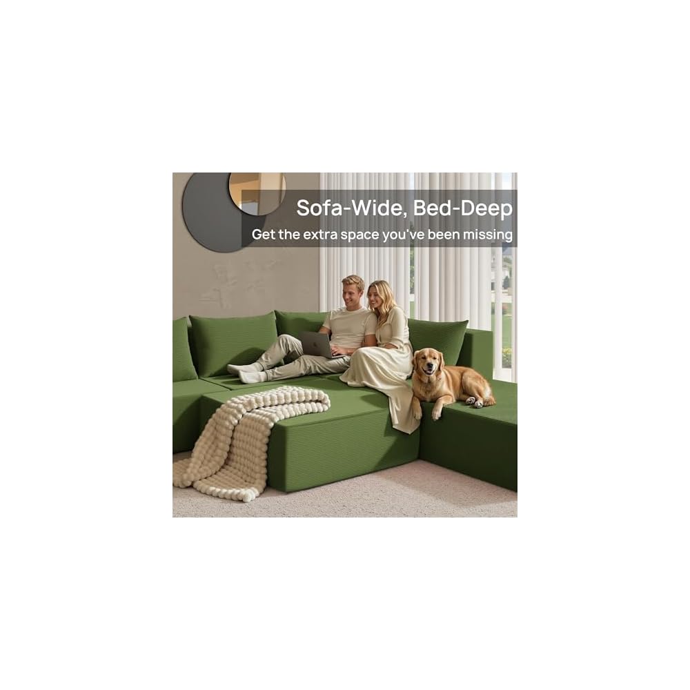 YINIX 140" Convertible Sleeper Sofa Bed - Modular Sectional Sofa Couches - Comfy Cloud Couch for Living Room Floor Sofa - 6 Piece Free Combination Compression Sofa - No Assembly Required - Green