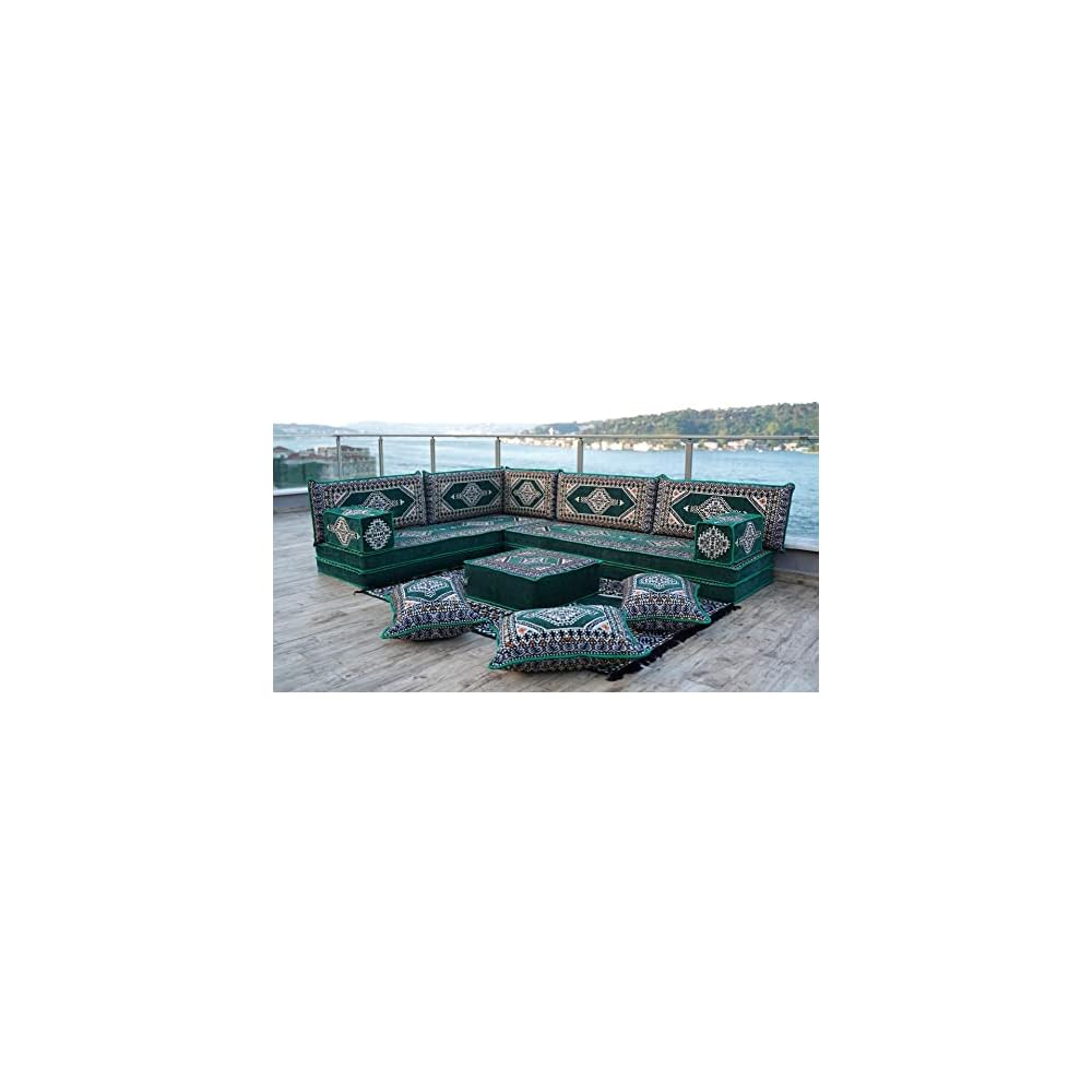L Shaped Arabic Floor Cushions, Sectional Sofas, Arabic Majlis Set, Custom Made Sofa, Arabic Sofa Set, Seating Cushions (8'' Thickness Sofa, L Sofa Full Set, Green)