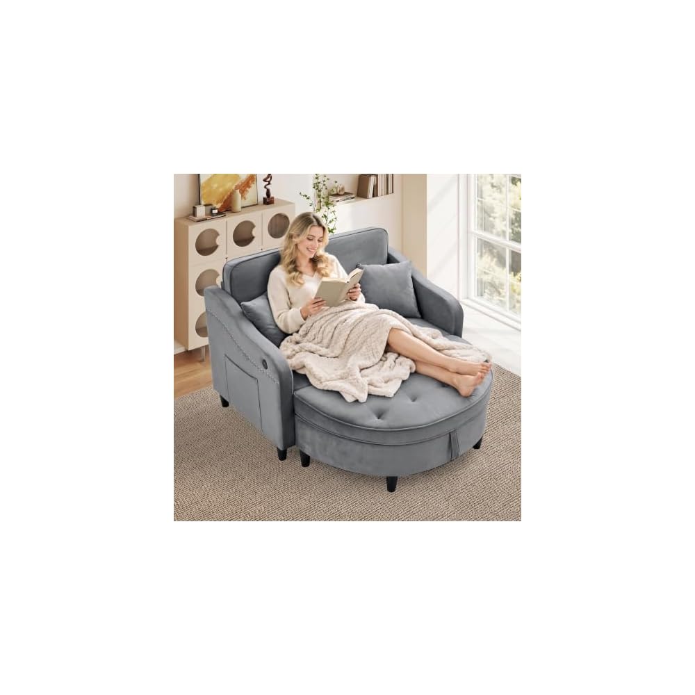 Oversized Chair and A Half, Chenille Tufting Accent Cozy Reading Sofa Chair with Storage Ottoman, Upholstered Loveseat Chaise Lounge Sofa with Adjustable Back for Living Room, Office, Sunroom, Blue