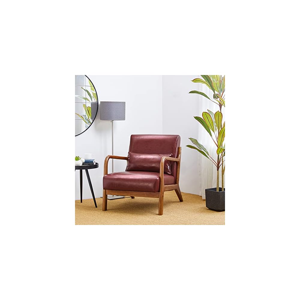 Glitzhome Accent Armchair with Walnut Ruberwood Frame, Black PU Leather Lounge Chair for Living Room