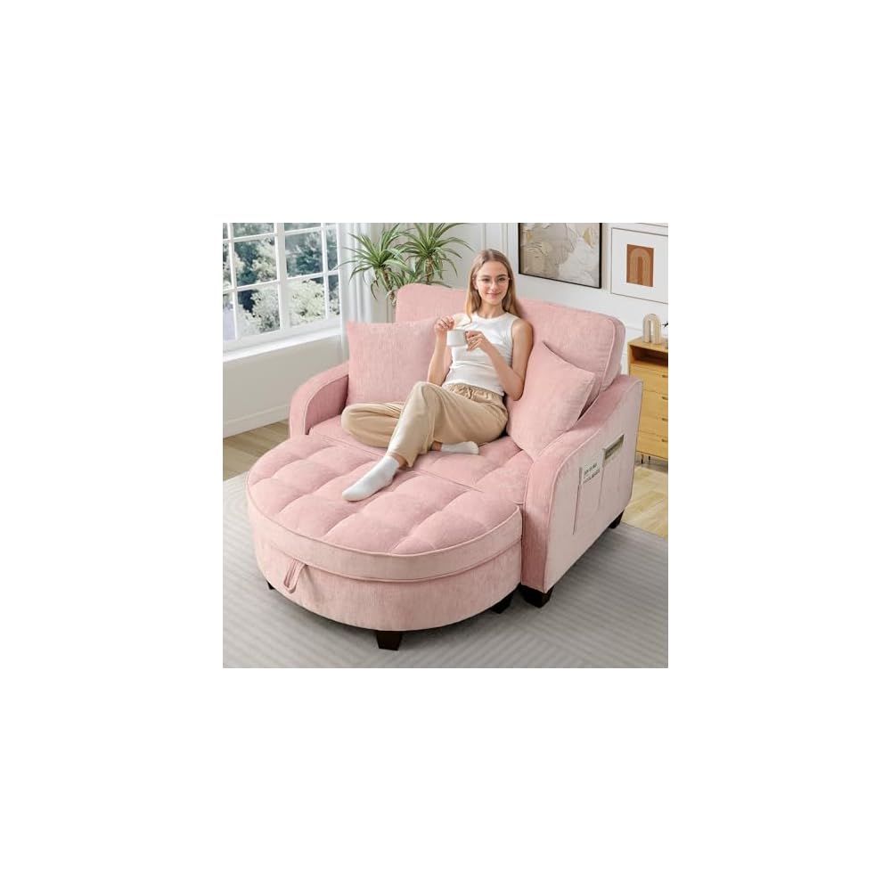Oversized Chair and A Half, Chenille Tufting Accent Cozy Reading Sofa Chair with Storage Ottoman, Upholstered Loveseat Chaise Lounge Sofa with Adjustable Back for Living Room, Office, Sunroom, Blue