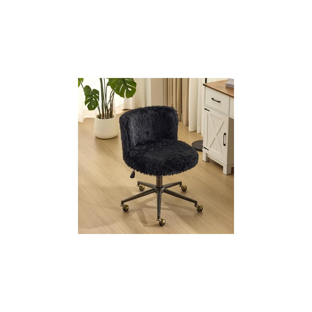 VINGLI Plush Upholstery Vanity Desk Chair with Curved Back & 90-102° Tilt & Adjustable Height, Cute Rolling Chair with Bronze Base & Golden-Bronze 360° Swivel Wheels for Makeup & Home Office, Fog Gray