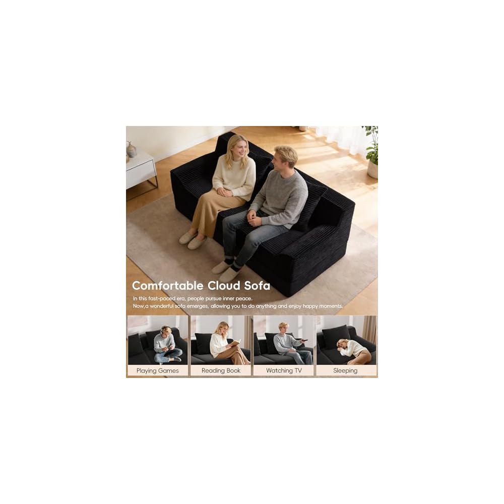 Cloud Modular Floor Boneless Sofa Bed, 81" Corduroy Convertible Loveseat Sleeper, No-Assembly Memory Foam Couch, Washable Cover & Non-Slip Bottom, Ideal for Small Space, Apartment, Guest Room (Black)