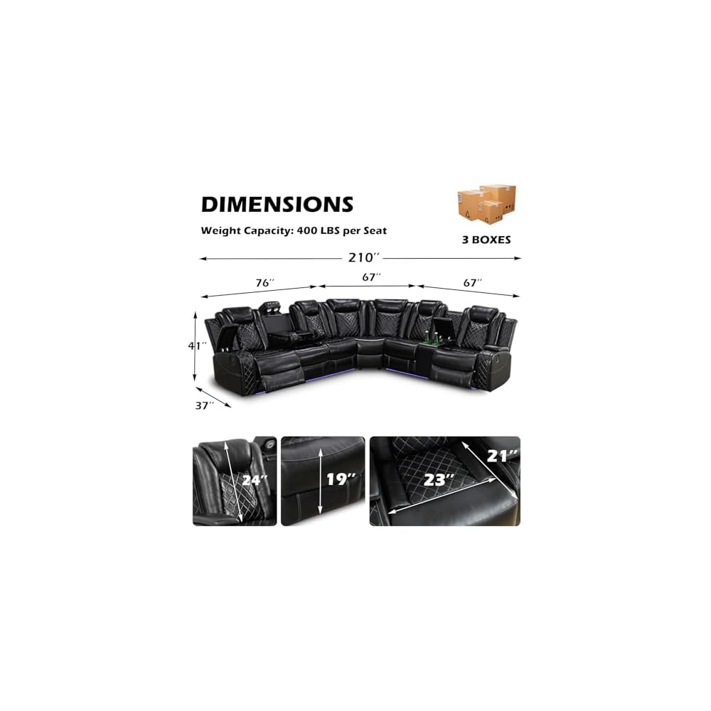 Leather Power Recliner Sectional Sofa with LED Light,L Shaped Leather Couch Set with 2 Recliner Seats，Modular Corner Sofa with Storage Console/Coffee Table for Living Room(Black, Sectional)