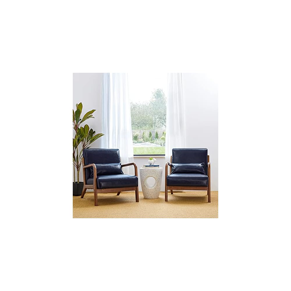 Glitzhome Accent Armchair with Walnut Ruberwood Frame, Black PU Leather Lounge Chair for Living Room