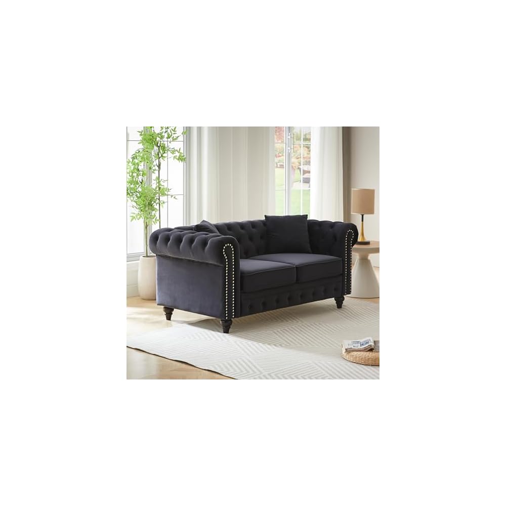 KEIKI 63.5" Chesterfield Sofa, Retro Style Velvet Upholstered Couch, Button Tufted Sofa with Rolled Arm for Living Room, Bedroom Office, Black