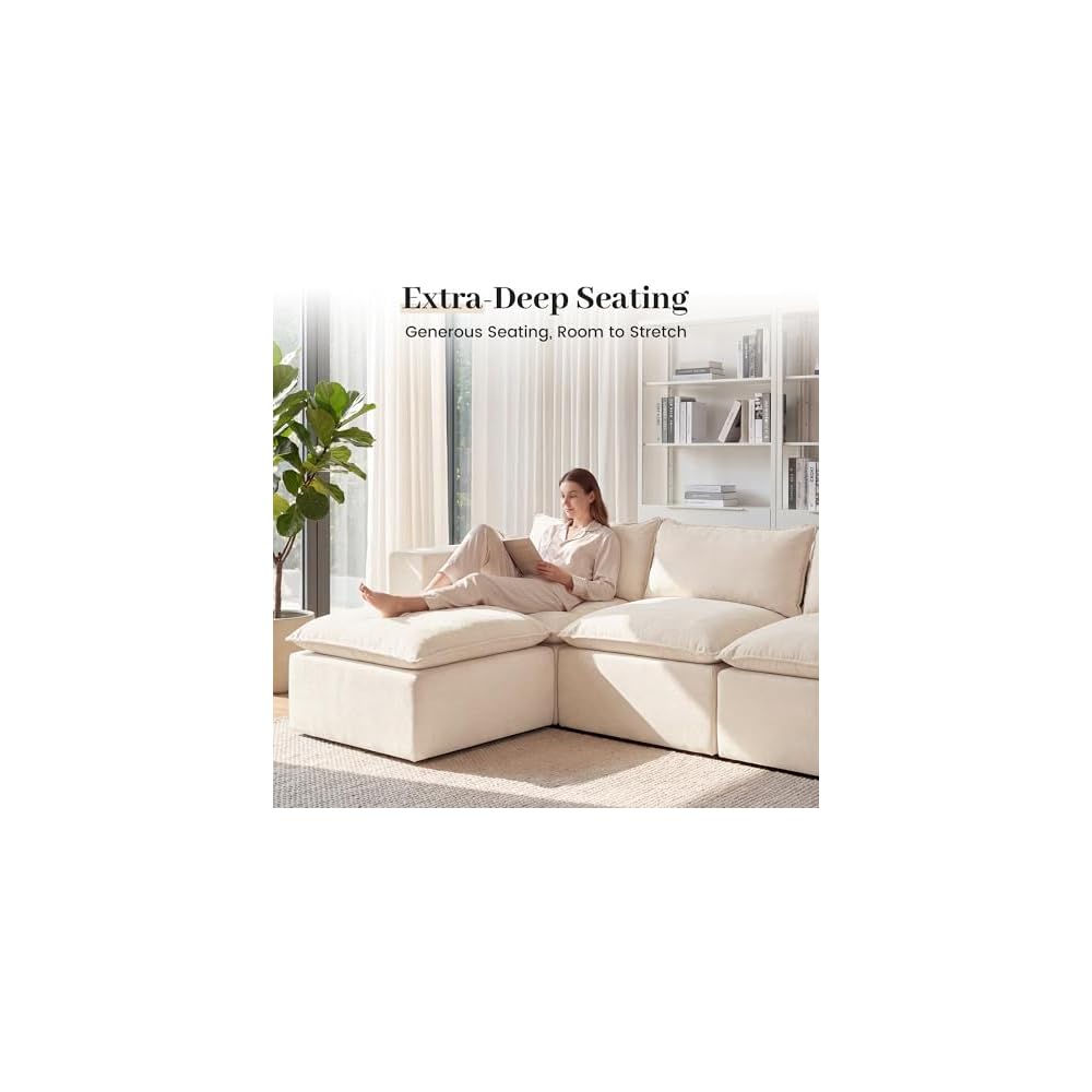 Apicizon 101" Boneless Cloud Sectional Couch for Living Room, Sectional L Shaped Sofa Couch with Ottoman, Modular Sleeper Sofa for Apartment，No Assembly, White