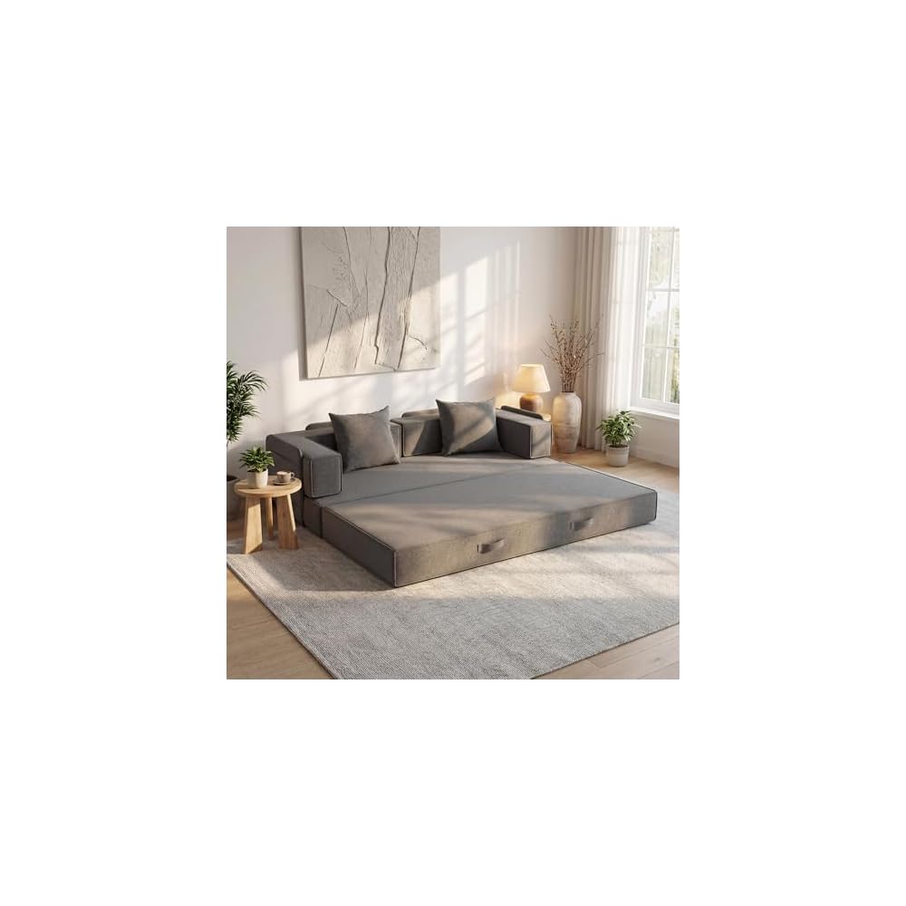Claiks 4-in-1 Convertible Sofa Bed,86 Inch Compression Sofa with Corduroy Fabric Pull Out Sleeper Sofa with 2 Pillows & 4 Side Pockets for Living Room Bedroom Apartment,No Assembly Required,Dark Grey.