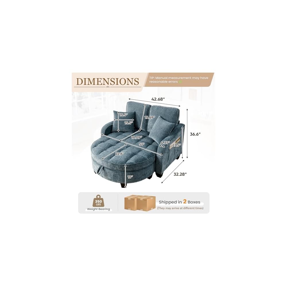 Oversized Chair and A Half, Chenille Tufting Accent Cozy Reading Sofa Chair with Storage Ottoman, Upholstered Loveseat Chaise Lounge Sofa with Adjustable Back for Living Room, Office, Sunroom, Blue