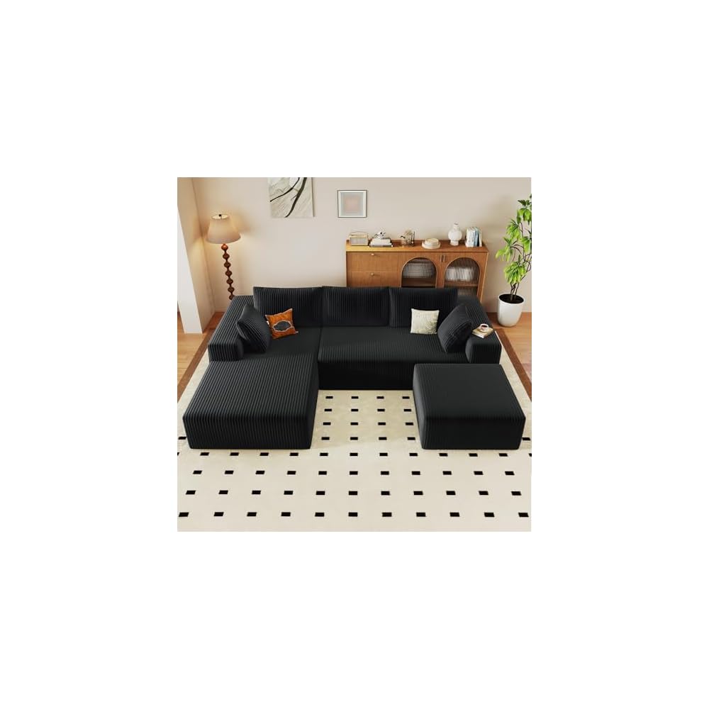 96" Cloud Sectional Couch with U-Shaped Chaise, Corduroy Sectional Sofa with Ottoman, Boneless Couch with Deep Seat in a Box for Living Room, No Assembly Required (Black, Left Facing Chaise)