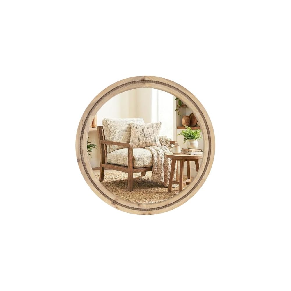 Solid Wood 30 Inch Round Beaded Vanity Wall Mirror, Natural Wood