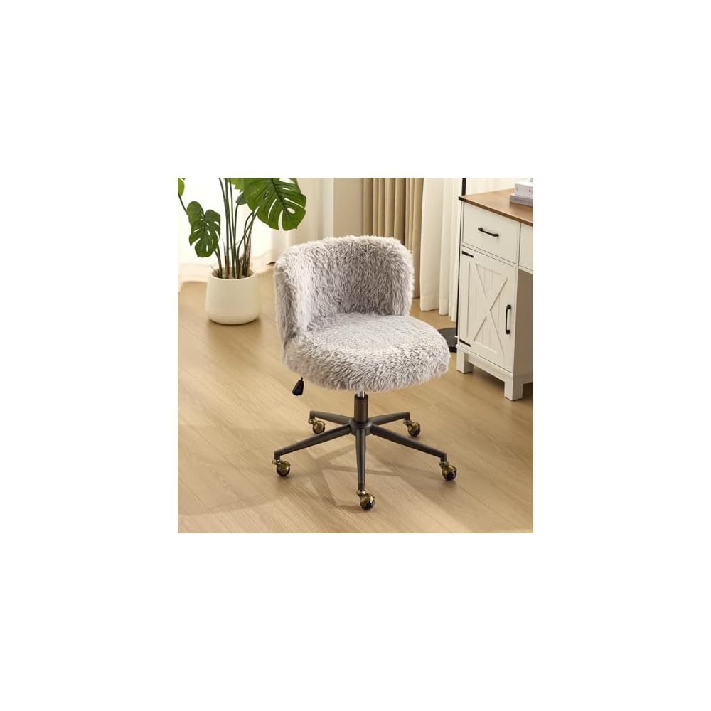 VINGLI Plush Upholstery Vanity Desk Chair with Curved Back & 90-102° Tilt & Adjustable Height, Cute Rolling Chair with Bronze Base & Golden-Bronze 360° Swivel Wheels for Makeup & Home Office, Fog Gray