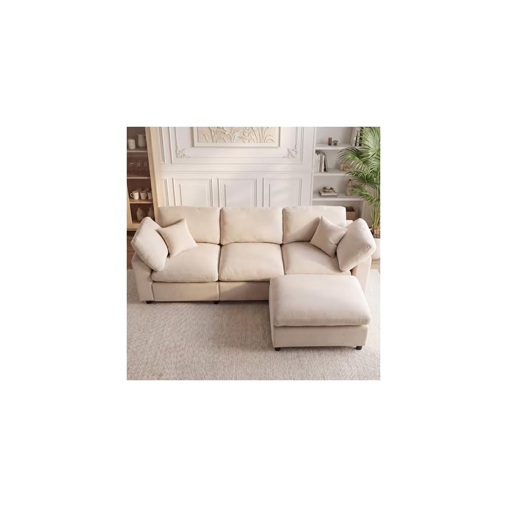 100" Wood Frame L-Shaped Modular Sectional Couch with Ottoman, Modern Cloud Chenille Sofa, Deep Seat 3 Seater & 4 Seat Cloud Modular Beige Upholstered Couch for Living Room, Bedroom, Apartment, Home