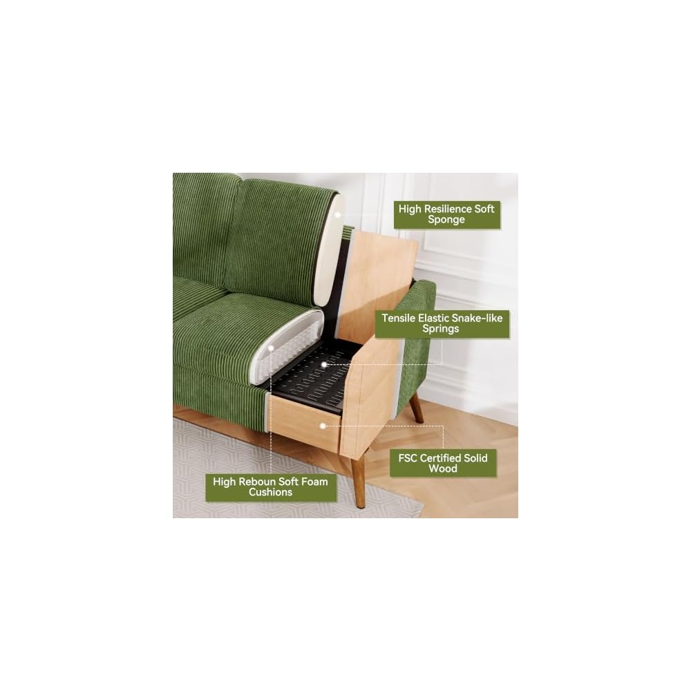 Loveseat Sofa, 67" Small Couch, Green Corduroy Love Seat Couches