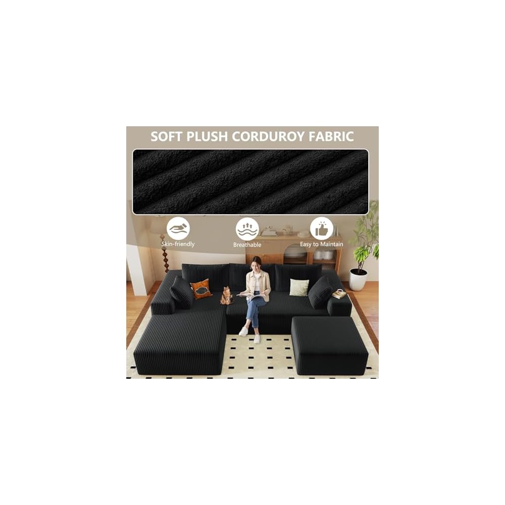 96" Cloud Sectional Couch with U-Shaped Chaise, Corduroy Sectional Sofa with Ottoman, Boneless Couch with Deep Seat in a Box for Living Room, No Assembly Required (Black, Left Facing Chaise)