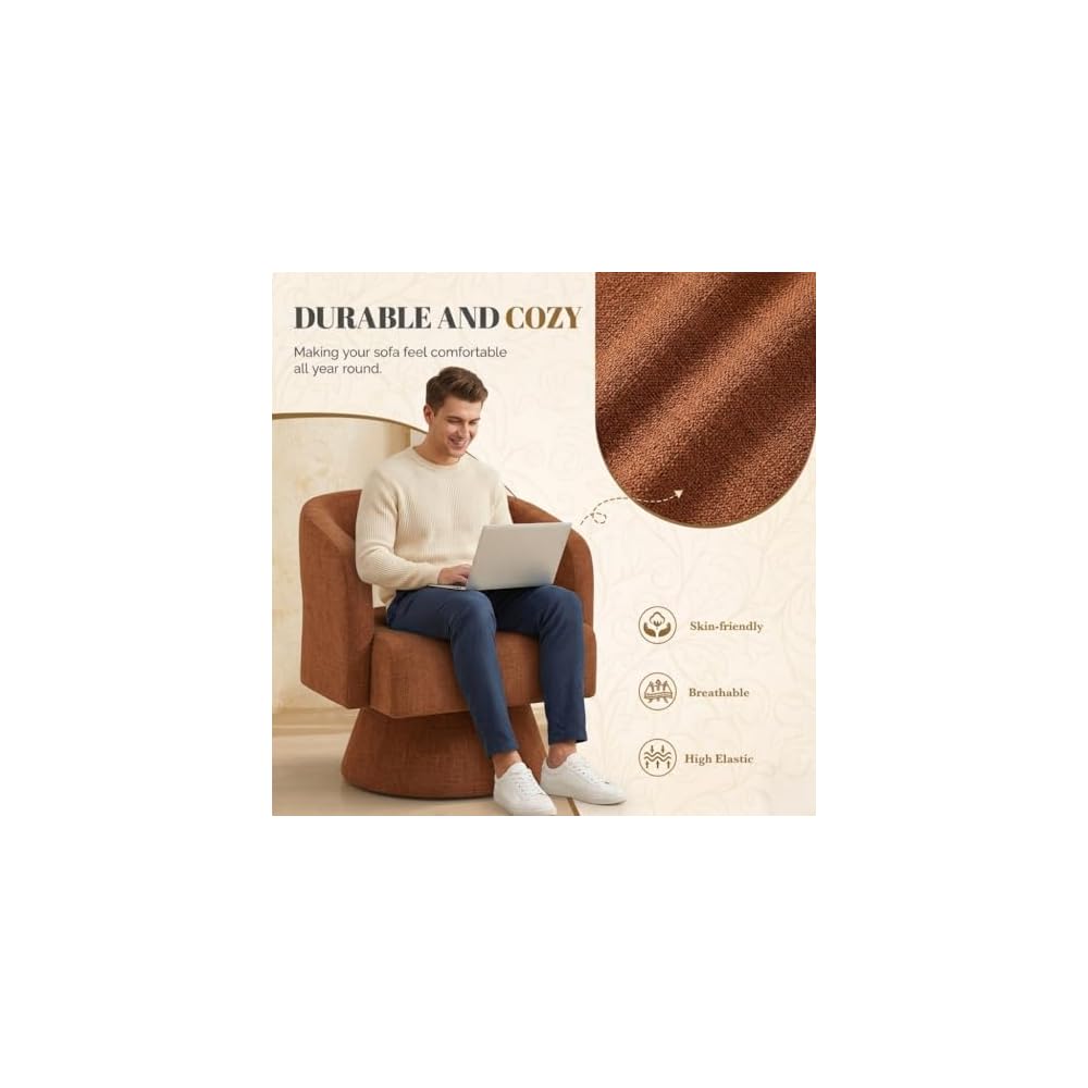 Chenille Barrel Accent Chair – Heavy Duty 360° Swivel, Oversized, Upholstered Round Design, Modern Stylish Furniture for Bedroom Living Room Lounge & Office (Brown, Set of 1)