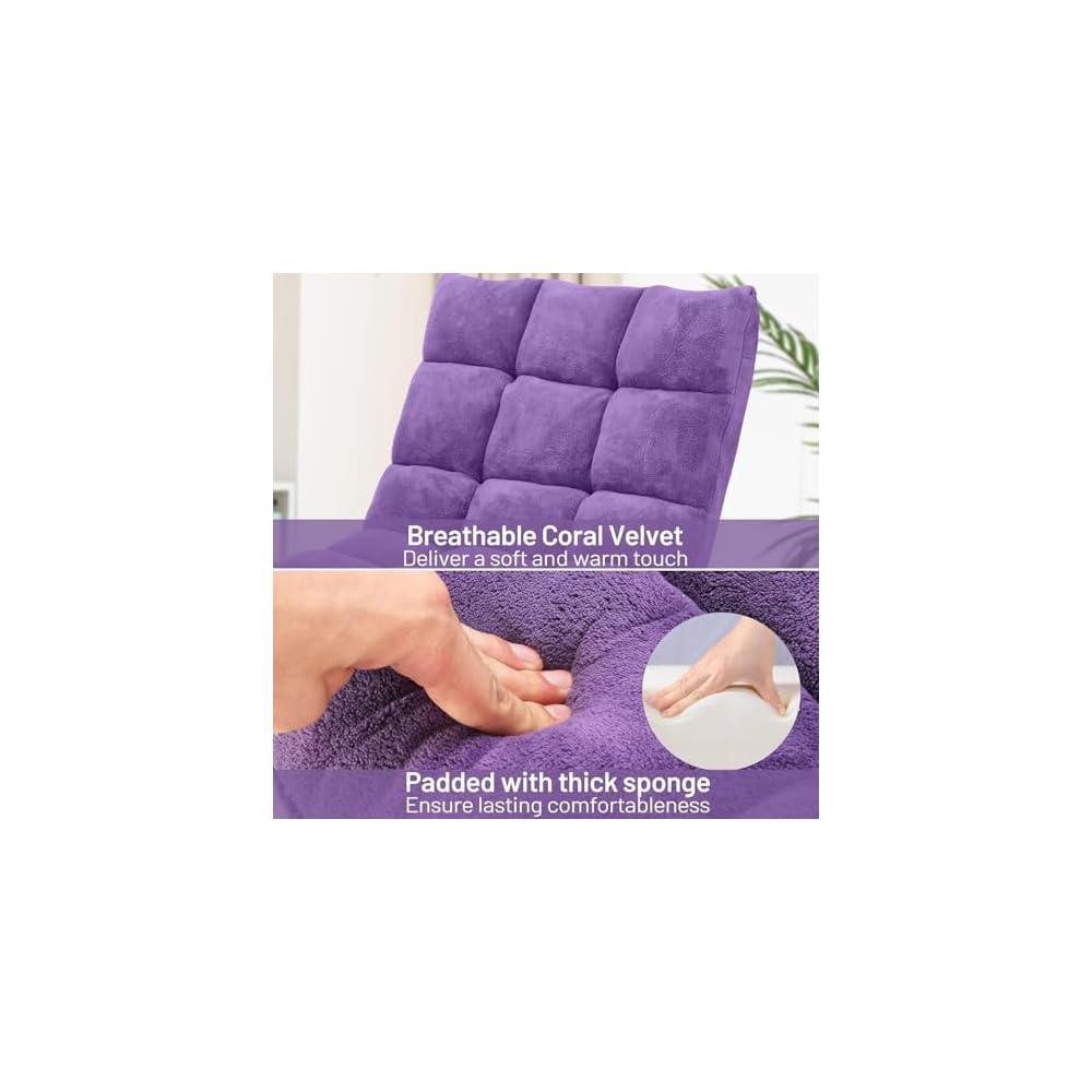HOMGX Floor Chair with Back Support, 14-Poistion Adjustable Gaming Lazy Sofa Cushioned Chair w/Soft Coral Fleece & Memory Foam Padding, Folding Cushioned Meditation Chair for Reading (Violet)