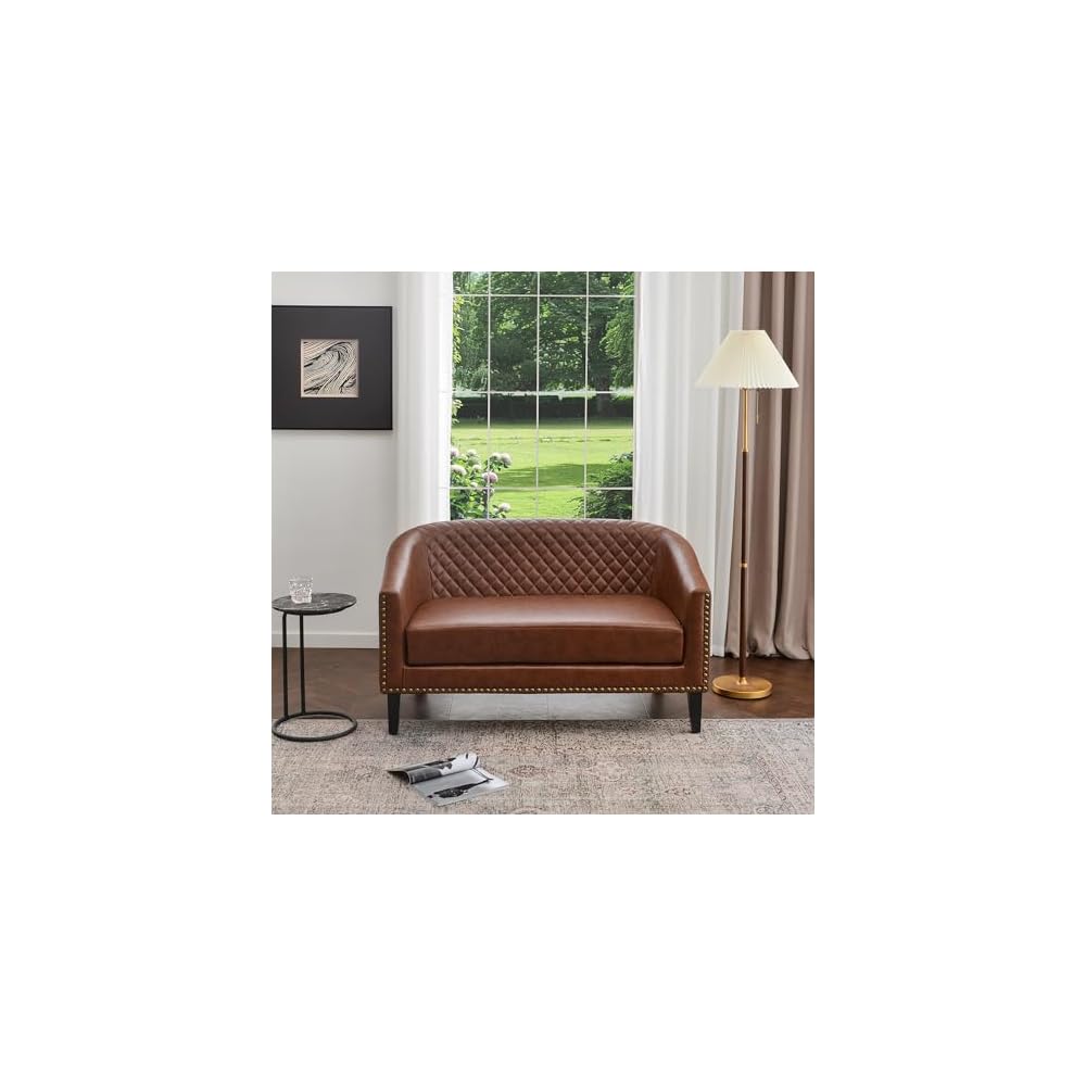 KINWELL 50" W Faux Leather Tufted Back Small Barrel Loveseat Settee, Brown
