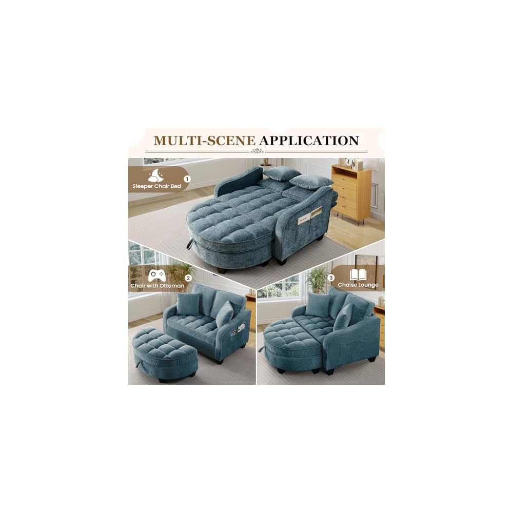 Oversized Chair and A Half, Chenille Tufting Accent Cozy Reading Sofa Chair with Storage Ottoman, Upholstered Loveseat Chaise Lounge Sofa with Adjustable Back for Living Room, Office, Sunroom, Blue