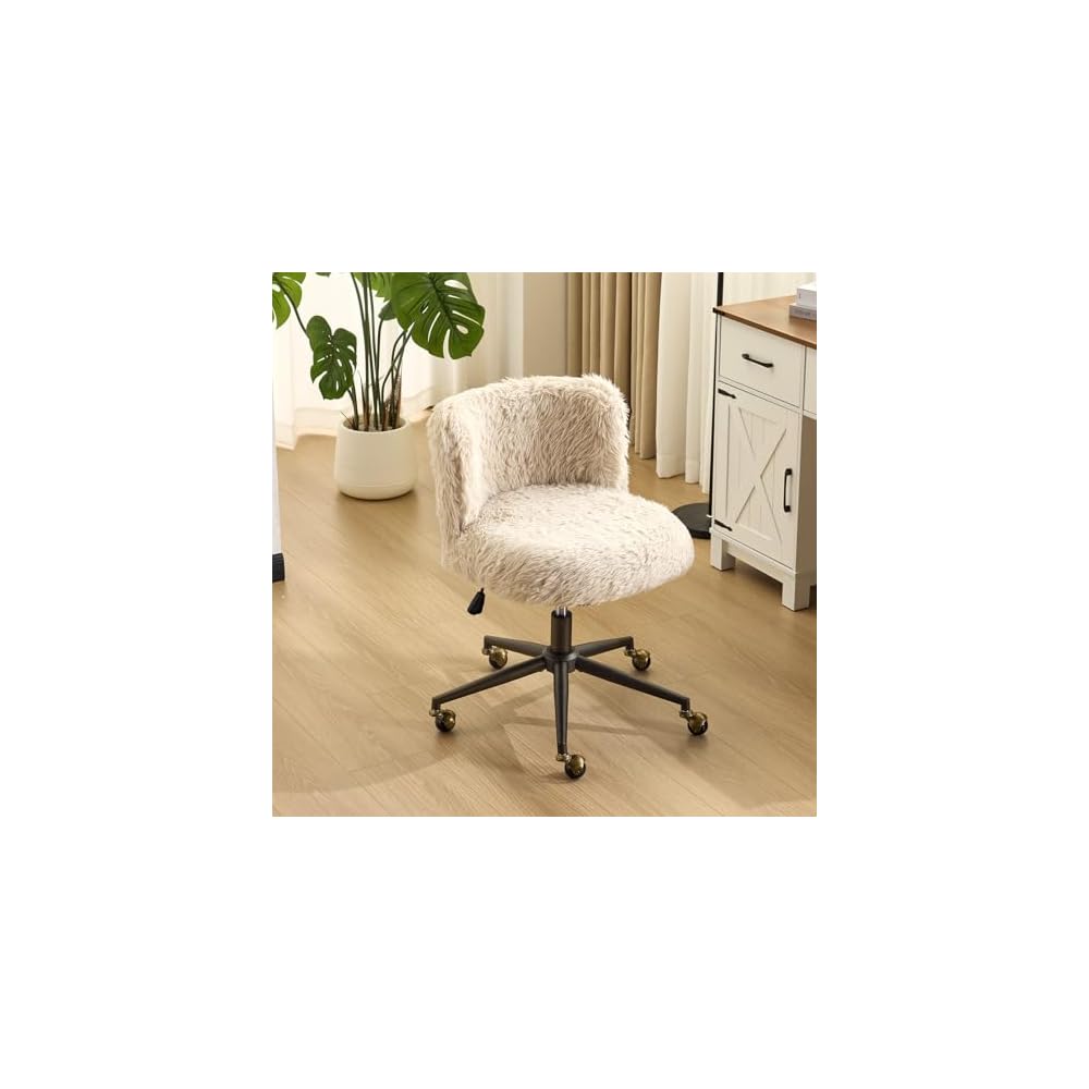 VINGLI Plush Upholstery Vanity Desk Chair with Curved Back & 90-102° Tilt & Adjustable Height, Cute Rolling Chair with Bronze Base & Golden-Bronze 360° Swivel Wheels for Makeup & Home Office, Fog Gray