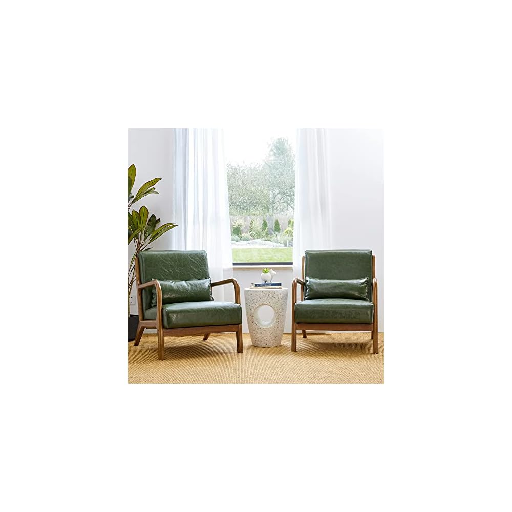 Glitzhome Accent Armchair with Walnut Ruberwood Frame, Black PU Leather Lounge Chair for Living Room