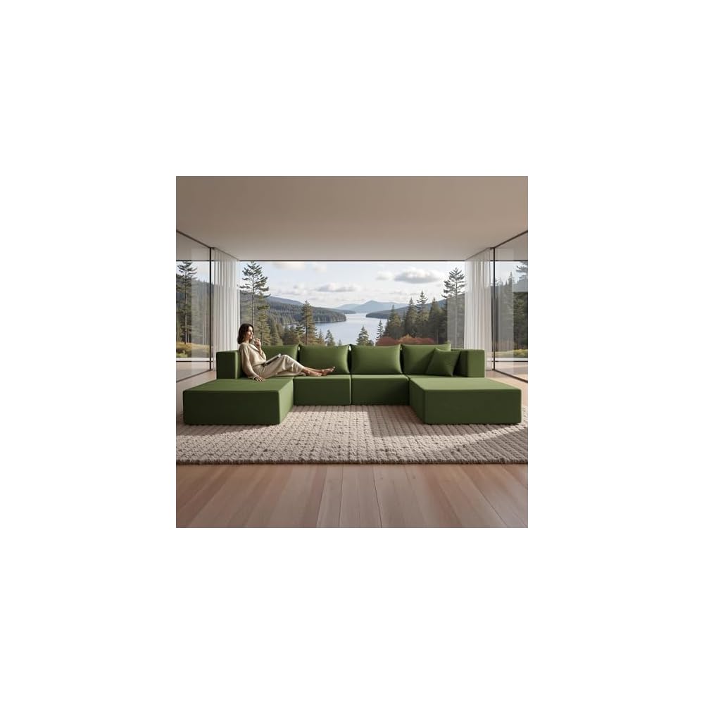 YINIX 140" Convertible Sleeper Sofa Bed - Modular Sectional Sofa Couches - Comfy Cloud Couch for Living Room Floor Sofa - 6 Piece Free Combination Compression Sofa - No Assembly Required - Green
