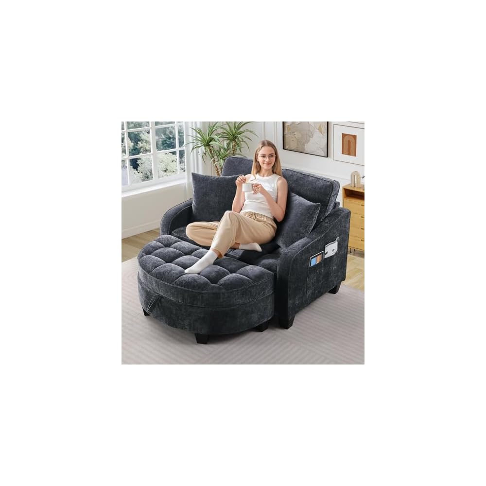 Oversized Chair and A Half, Chenille Tufting Accent Cozy Reading Sofa Chair with Storage Ottoman, Upholstered Loveseat Chaise Lounge Sofa with Adjustable Back for Living Room, Office, Sunroom, Blue